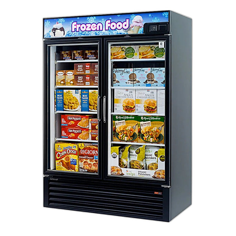 Turbo Air TGF-49FB-N 54 3/8" Two Section Display Freezer w/ Swing Doors - Bottom Mount Compressor, Black, 115v - Donut-Equipment.com