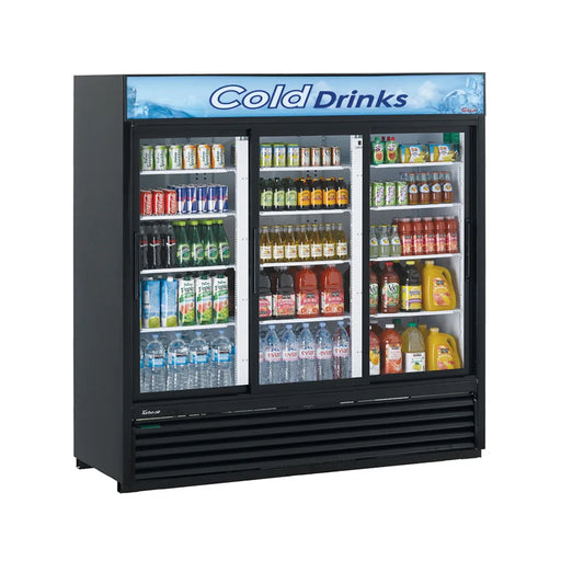 Turbo Air TGM-69RB-N 78" Black Three Section Glass Door Merchandiser Refrigerator – (3) Swing Doors, LED Lighting, 115v - Bakery Wholesalers