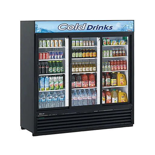 Turbo Air TGM-69RB-N 78" Black Three Section Glass Door Merchandiser Refrigerator – (3) Swing Doors, LED Lighting, 115v - Donut-Equipment.com