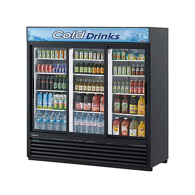 Turbo Air TGM-69RB-N 78" Black Three Section Glass Door Merchandiser Refrigerator – (3) Swing Doors, LED Lighting, 115v - Donut-Equipment.com