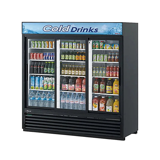 Turbo Air TGM-69RB-N 78" Black Three Section Glass Door Merchandiser Refrigerator – (3) Swing Doors, LED Lighting, 115v - Donut-Equipment.com
