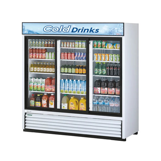 Turbo Air TGM-69R-N 78" White Three Section Glass Door Merchandiser Refrigerator – (3) Swing Doors, LED Lighting, 115v - Bakery Wholesalers