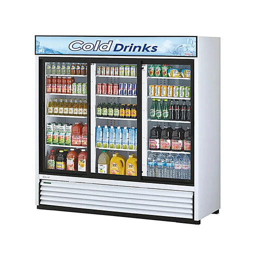 Turbo Air TGM-69R-N 78" White Three Section Glass Door Merchandiser Refrigerator – (3) Swing Doors, LED Lighting, 115v - Donut-Equipment.com