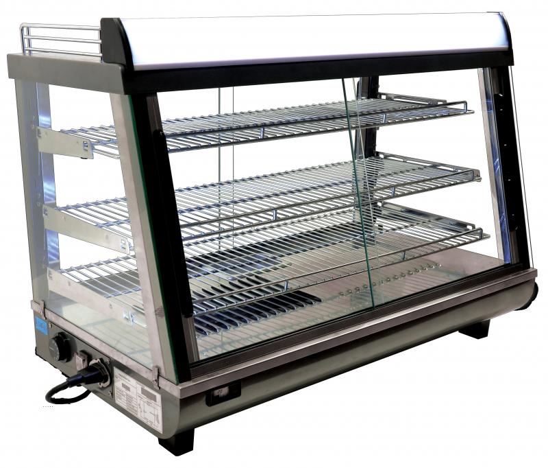 Omcan 35″ Countertop Display Warmer – 4.8 Cu. Ft. (136L), 3-Shelf Self-Service & Full-Service Heated Merchandiser Display Case with Sliding Doors