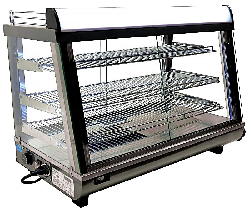 Omcan 35″ Countertop Display Warmer – 4.8 Cu. Ft. (136L), 3-Shelf Self-Service & Full-Service Heated Merchandiser Display Case with Sliding Doors