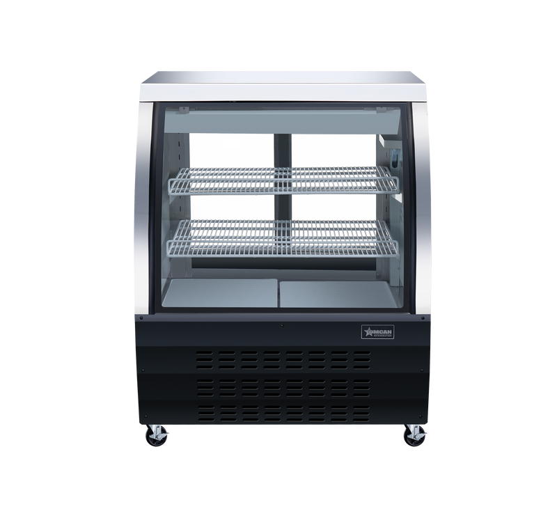 Omcan 36″ Floor Refrigerated Display Case – 11.6 Cu. Ft. (328L), Two-Shelf Black Bakery & Merchandising Display Cooler