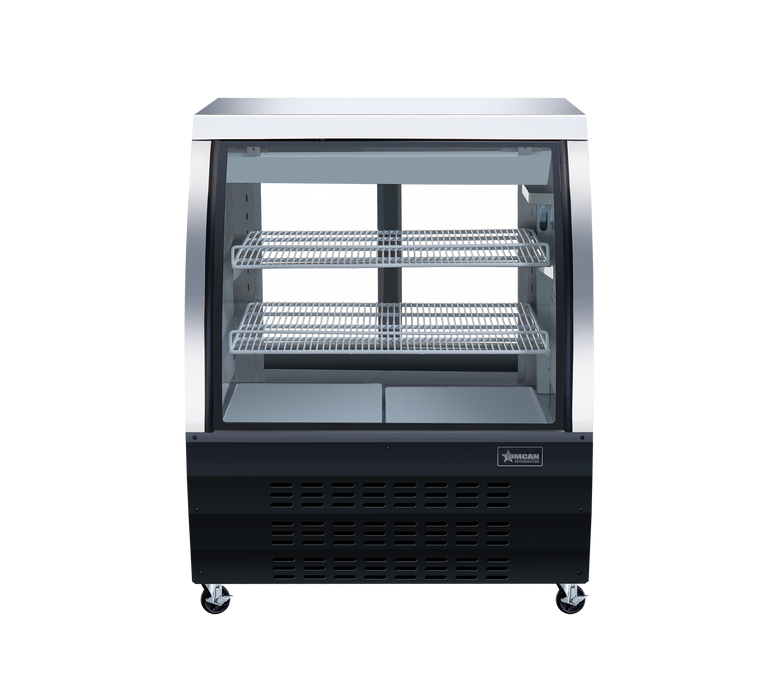 Omcan 36″ Floor Refrigerated Display Case – 11.6 Cu. Ft. (328L), Two-Shelf Black Bakery & Merchandising Display Cooler