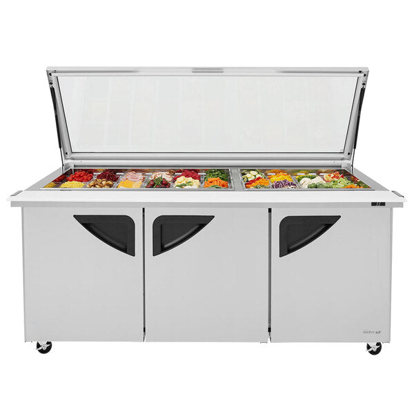 Turbo Air TST-72SD-30-N-GL 72" 3 Door Mega Top Hinged Glass Lid Refrigerated Sandwich Prep Table - Donut-Equipment.com