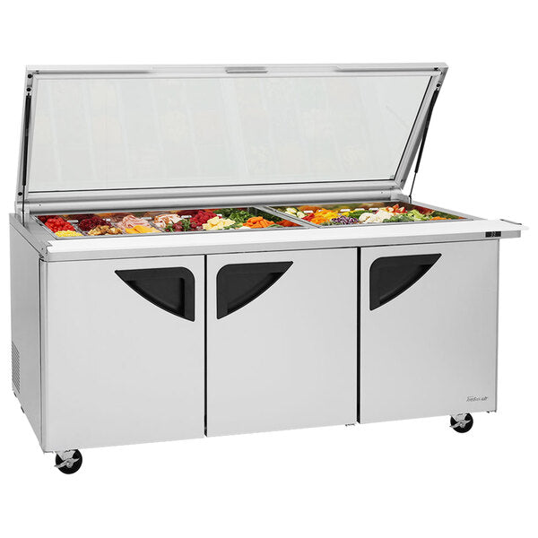 Turbo Air TST-72SD-30-N-GL 72" 3 Door Mega Top Hinged Glass Lid Refrigerated Sandwich Prep Table - Donut-Equipment.com