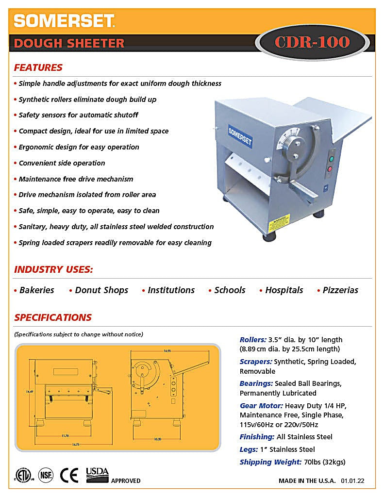 CDR- 100 Dough Sheeter / Single Pass- 10" Rollers - Bakery Wholesalers