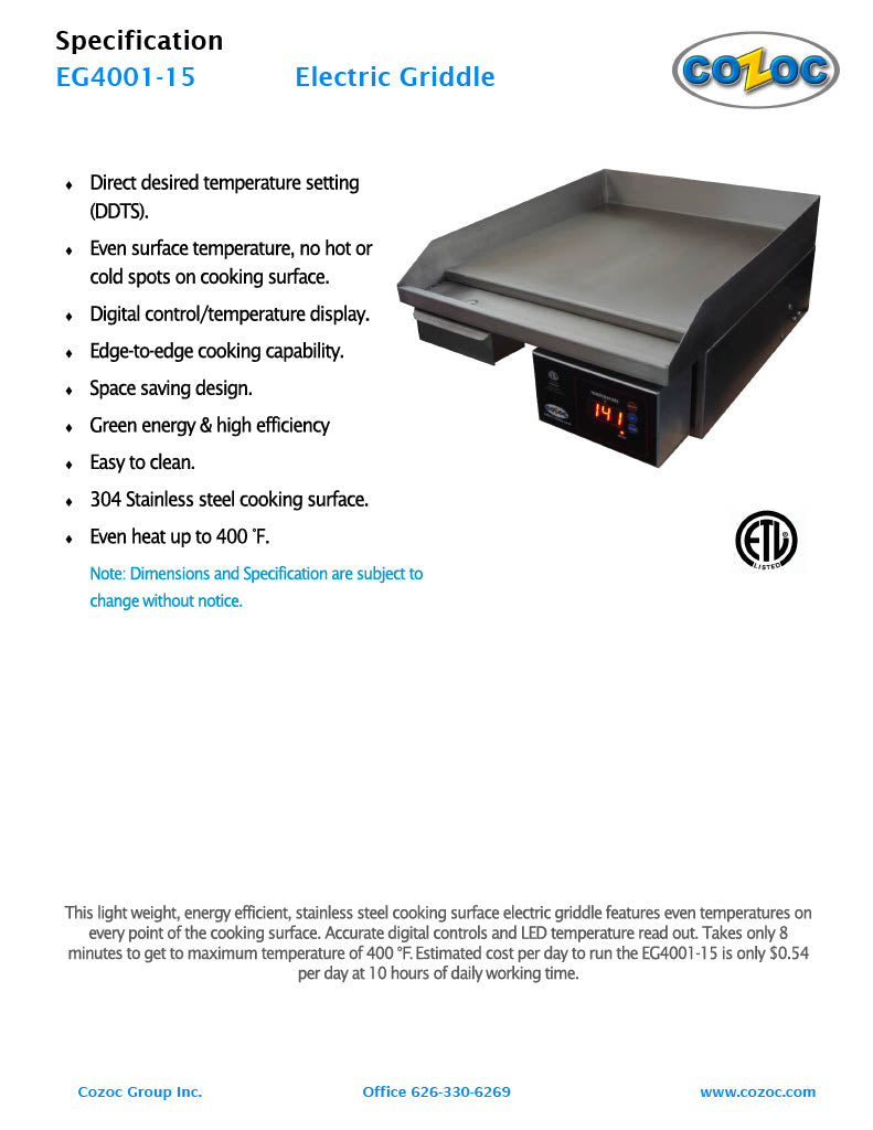 Cozoc Counter Electric Griddle - Bakery Wholesalers