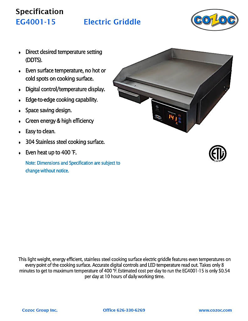 Cozoc Counter Electric Griddle - Bakery Wholesalers