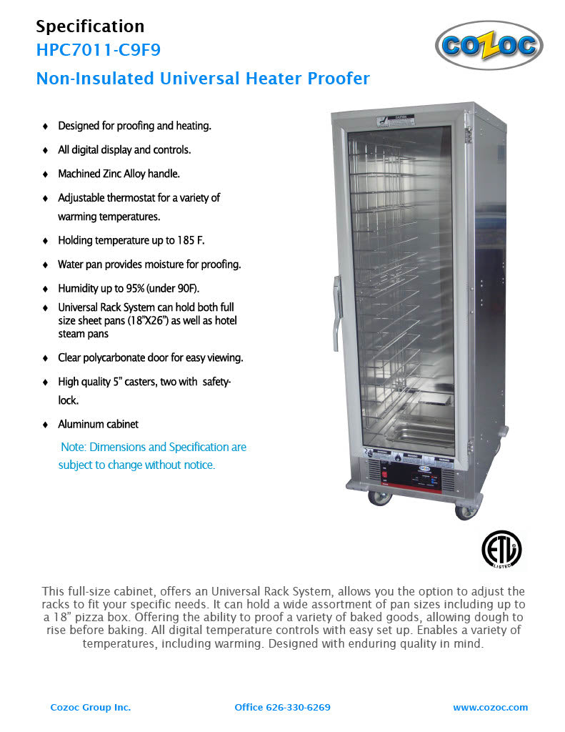 Cozoc HPC7011-C9F9 Heater/Proofer Cabinet, 1500 watts - Bakery Wholesalers