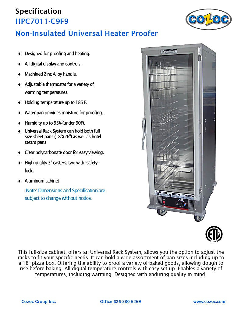 Cozoc HPC7011-C9F9 Heater/Proofer Cabinet, 1500 watts - Bakery Wholesalers