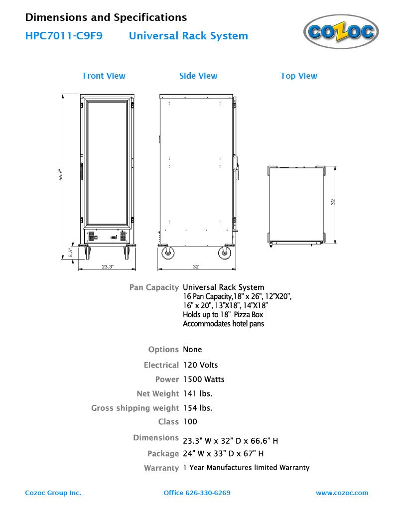 Cozoc HPC7011-C9F9 Heater/Proofer Cabinet, 1500 watts - Bakery Wholesalers