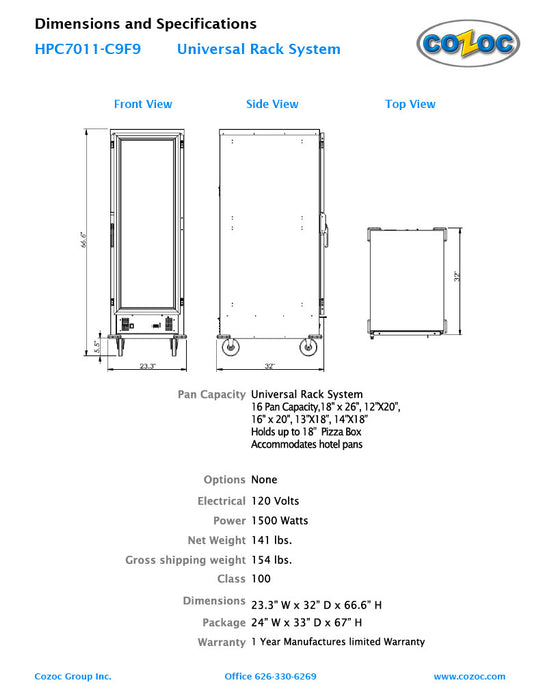 Cozoc HPC7011-C9F9 Heater/Proofer Cabinet, 1500 watts