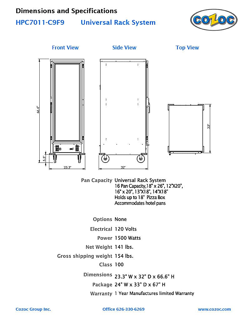 Cozoc HPC7011-C9F9 Heater/Proofer Cabinet, 1500 watts - Bakery Wholesalers