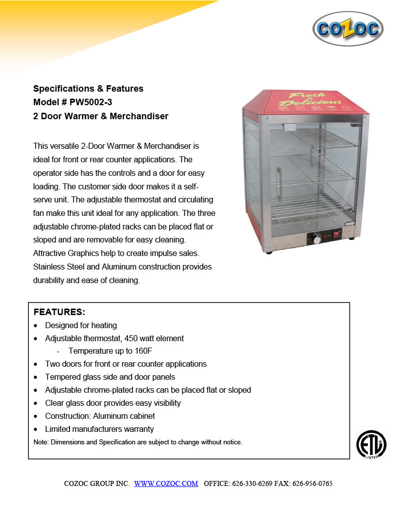 Two Door Warmer and Merchandiser for Cooked Foods Display for Service Counter - Bakery Wholesalers