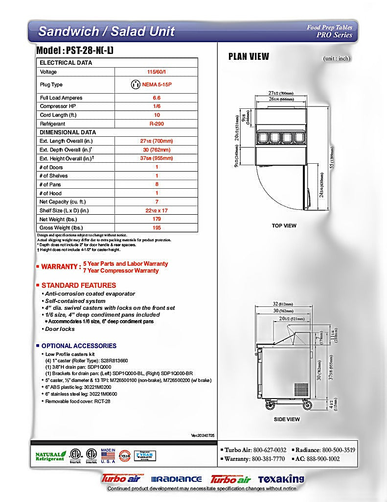 Turbo Air PST-28-N (Left or Right Side Hinge) 1 Solid Door Sandwich/Salad Unit Front Breathing Airflow - Donut-Equipment.com