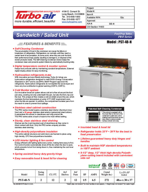 Turbo Air PST-48-N PRO Series (2 Door) Sandwich/Salad Prep Table - Donut-Equipment.com