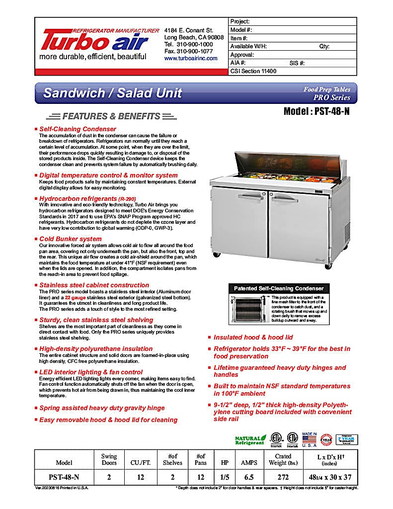 Turbo Air PST-48-N PRO Series (2 Door) Sandwich/Salad Prep Table - Donut-Equipment.com