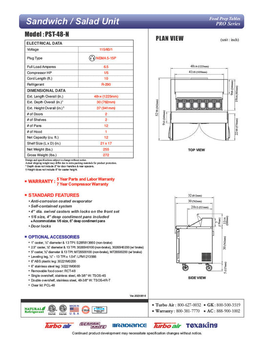 Turbo Air PST-48-N PRO Series (2 Door) Sandwich/Salad Prep Table - Donut-Equipment.com