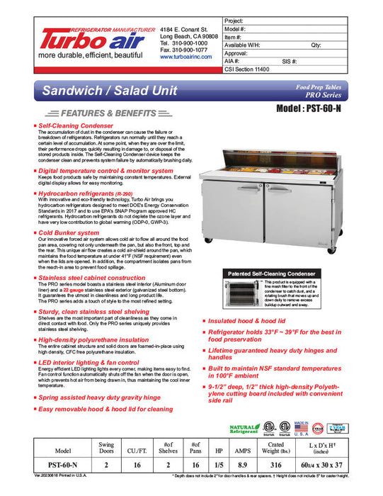 Turbo Air PST-60-N 60 1/4" PRO Series Sandwich/Salad Prep Table w/ Refrigerated Base, 115v - Donut-Equipment.com