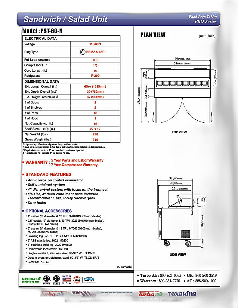 Turbo Air PST-60-N 60 1/4" PRO Series Sandwich/Salad Prep Table w/ Refrigerated Base, 115v - Donut-Equipment.com