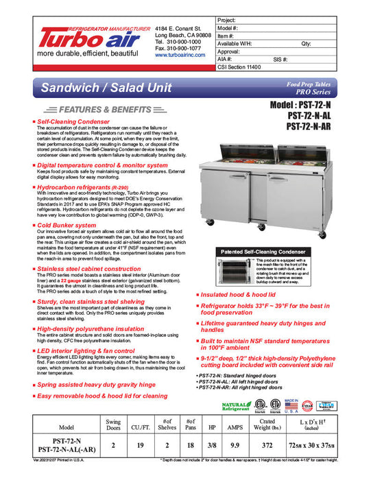 Turbo Air PST-72-N 72 5/8" PRO Series Sandwich/Salad Prep Table w/ Refrigerated Base - Donut-Equipment.com