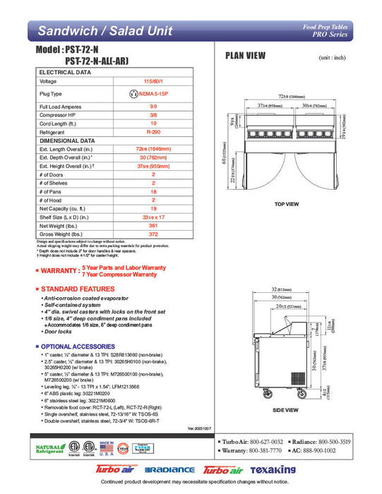 Turbo Air PST-72-N 72 5/8" PRO Series Sandwich/Salad Prep Table w/ Refrigerated Base - Donut-Equipment.com