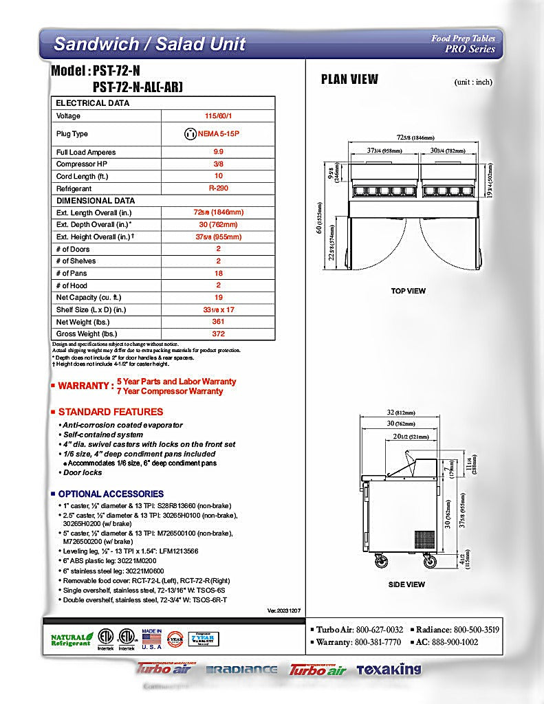 Turbo Air PST-72-N 72 5/8" PRO Series Sandwich/Salad Prep Table w/ Refrigerated Base - Donut-Equipment.com