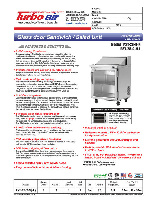 Turbo Air PST-28-G-N 27 1/2" PRO Glass Door Series Sandwich/Salad Prep Table w/ Refrigerated Base - Donut-Equipment.com