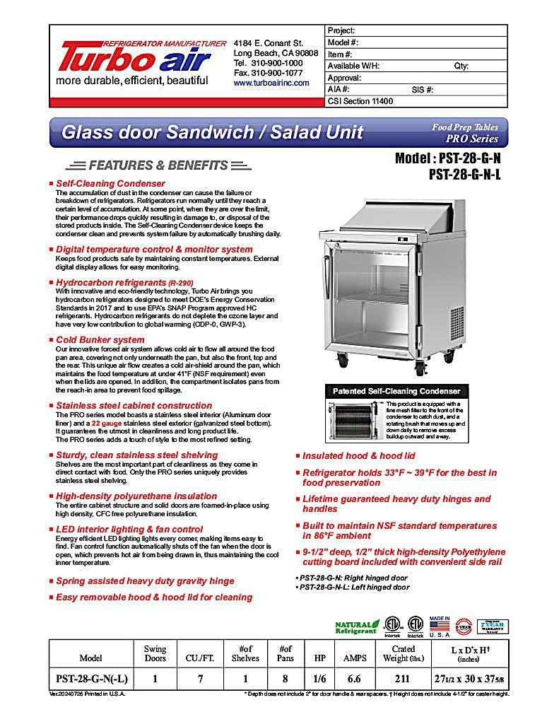 Turbo Air PST-28-G-N 27 1/2" PRO Glass Door Series Sandwich/Salad Prep Table w/ Refrigerated Base - Donut-Equipment.com
