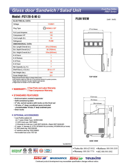 Turbo Air PST-28-G-N 27 1/2" PRO Glass Door Series Sandwich/Salad Prep Table w/ Refrigerated Base - Donut-Equipment.com