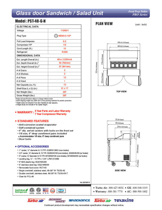 Turbo Air PST-48-G-N 48 1/4" PRO Glass Door Series Sandwich/Salad Prep Table w/ Refrigerated Base - Donut-Equipment.com