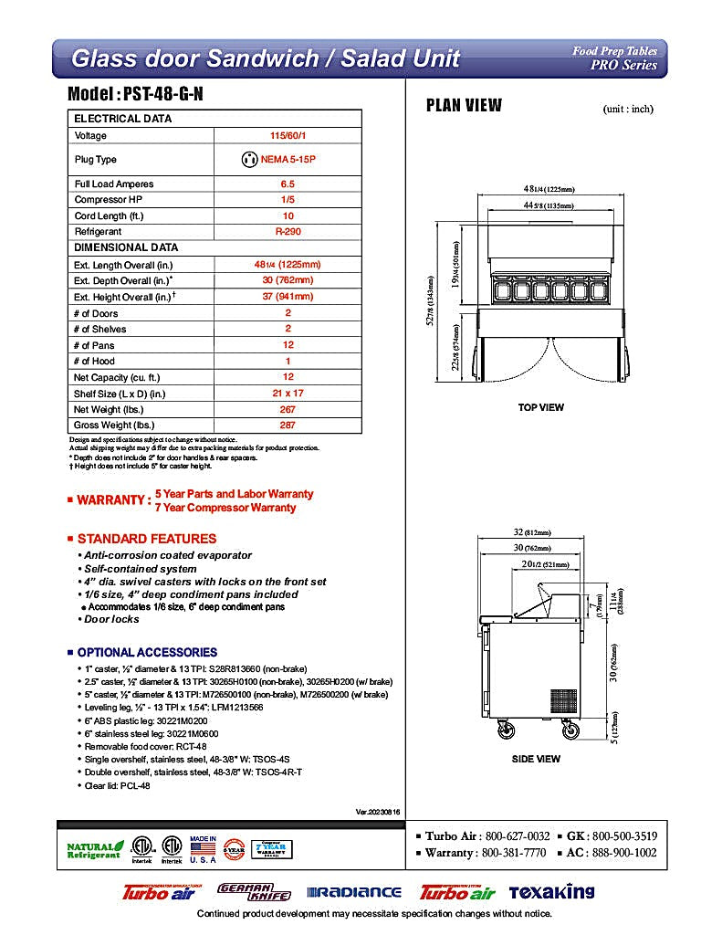 Turbo Air PST-48-G-N 48 1/4" PRO Glass Door Series Sandwich/Salad Prep Table w/ Refrigerated Base - Donut-Equipment.com
