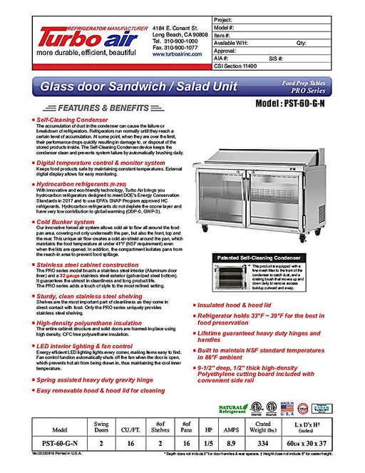 Turbo Air PST-60-G-N 60 1/4" PRO Glass Door Series Sandwich/Salad Prep Table w/ Refrigerated Base - Donut-Equipment.com