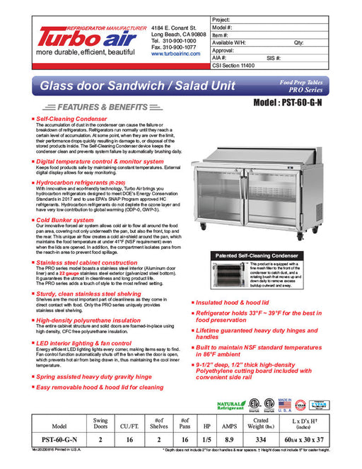 Turbo Air PST-60-G-N 60 1/4" PRO Glass Door Series Sandwich/Salad Prep Table w/ Refrigerated Base - Donut-Equipment.com