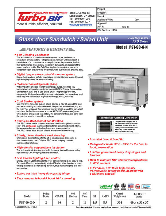 Turbo Air PST-60-G-N 60 1/4" PRO Glass Door Series Sandwich/Salad Prep Table w/ Refrigerated Base - Donut-Equipment.com