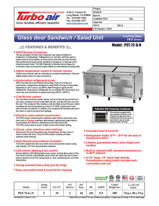 Turbo Air PST-72-G-N 72 5/8" Glass Door PRO Series Sandwich/Salad Prep Table w/ Refrigerated Base - Donut-Equipment.com