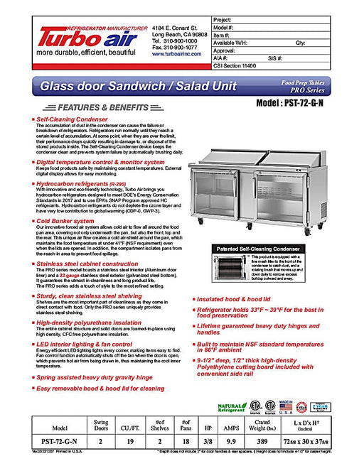 Turbo Air PST-72-G-N 72 5/8" Glass Door PRO Series Sandwich/Salad Prep Table w/ Refrigerated Base - Donut-Equipment.com