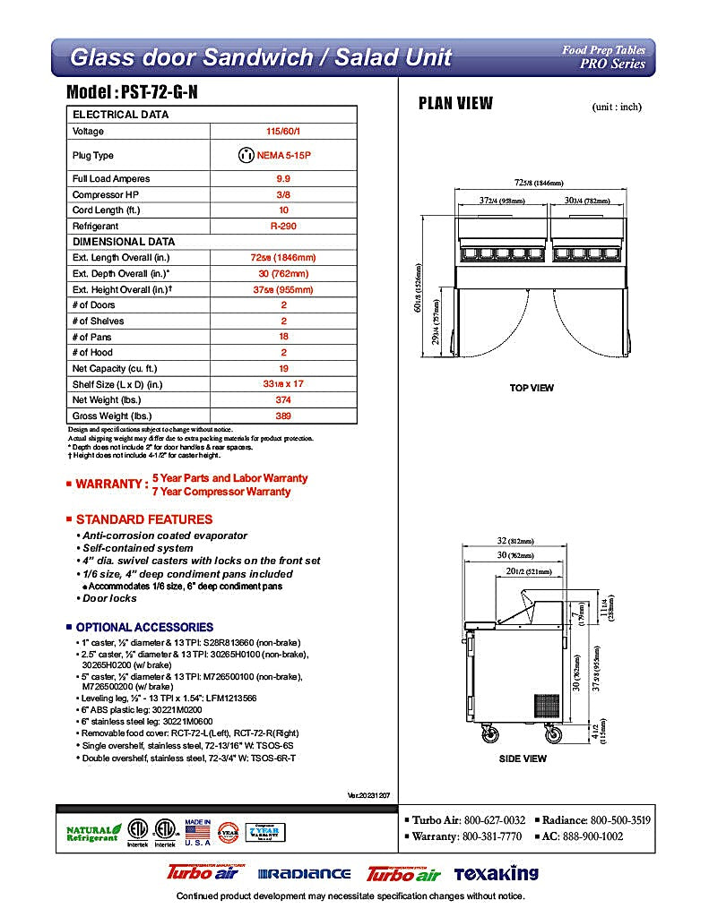Turbo Air PST-72-G-N 72 5/8" Glass Door PRO Series Sandwich/Salad Prep Table w/ Refrigerated Base - Donut-Equipment.com