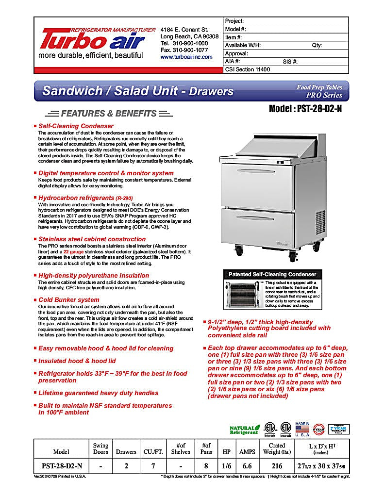 Turbo Air PST-28-D2-N 27 1/2" PRO Series Sandwich/Salad Prep Table w/ Refrigerated Base - Donut-Equipment.com
