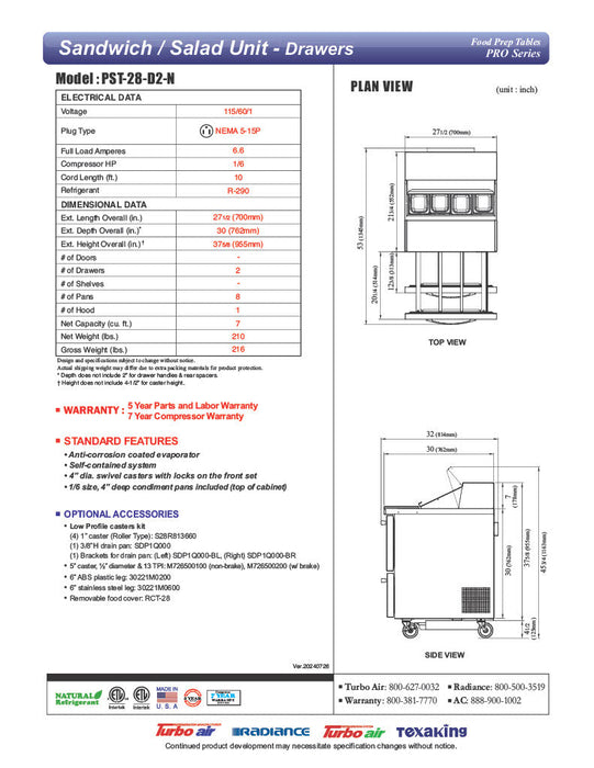 Turbo Air PST-28-D2-N 27 1/2" PRO Series Sandwich/Salad Prep Table w/ Refrigerated Base - Donut-Equipment.com