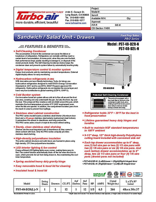 Turbo Air PST-48-D2R-N 48 1/4" PRO Series Sandwich/Salad Prep Table w/ Refrigerated Base - Donut-Equipment.com