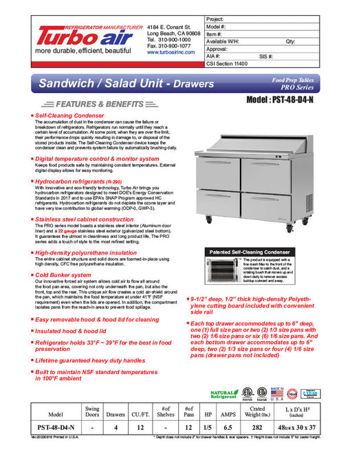 Turbo Air PST-48-D4-N 48 1/4" PRO Series Sandwich/Salad Prep Table w/ Refrigerated Base - Donut-Equipment.com