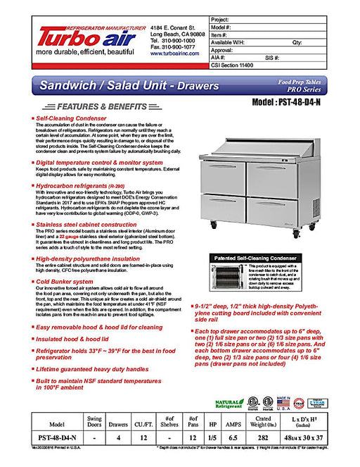 Turbo Air PST-48-D4-N 48 1/4" PRO Series Sandwich/Salad Prep Table w/ Refrigerated Base - Donut-Equipment.com