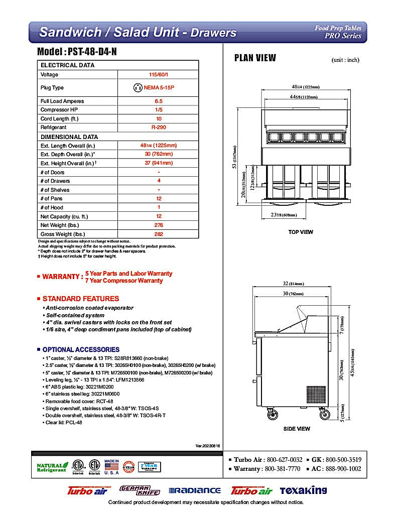 Turbo Air PST-48-D4-N 48 1/4" PRO Series Sandwich/Salad Prep Table w/ Refrigerated Base - Donut-Equipment.com