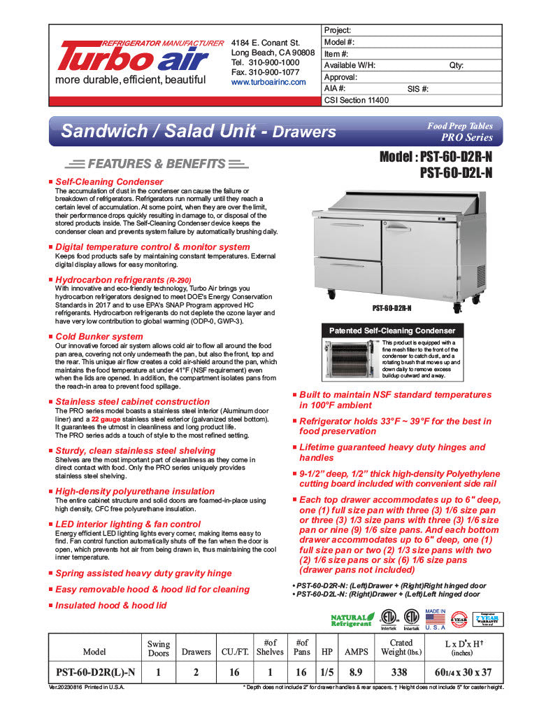 Turbo Air PST-60-D2R(L)-N 60 1/4" PRO Series Sandwich/Salad Prep Table w/ Refrigerated Base - Donut-Equipment.com
