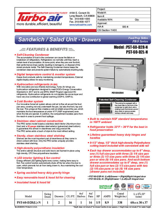 Turbo Air PST-60-D2R(L)-N 60 1/4" PRO Series Sandwich/Salad Prep Table w/ Refrigerated Base - Donut-Equipment.com
